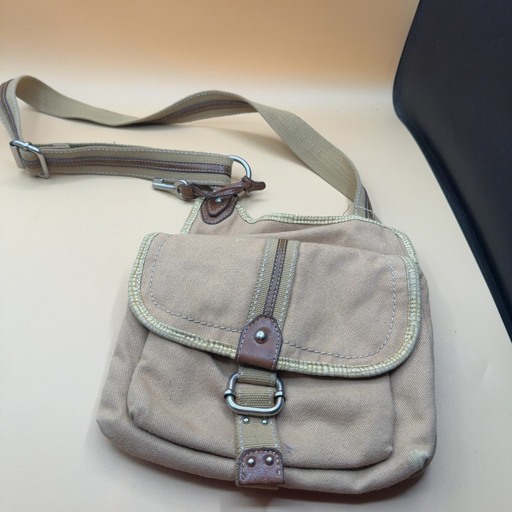 Fossil Canvas Leather Trim Crossbody Bag Tan Khaki Adjustable Strap